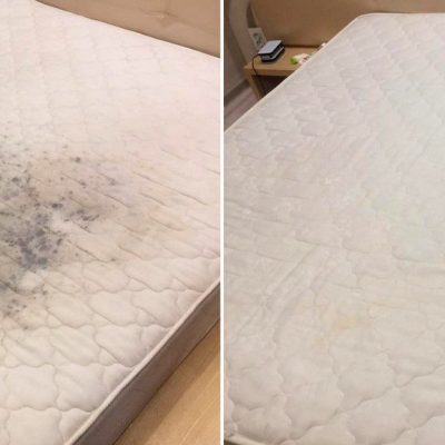 Mattress stain removal before and after treatment.