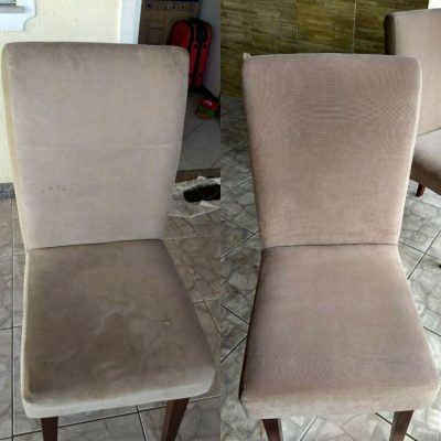 Expert cleaning of upholstered dining chair cushions demonstrating the effectiveness of specialized upholstery cleaners in removing tough spots and revitalizing dirty furniture.
