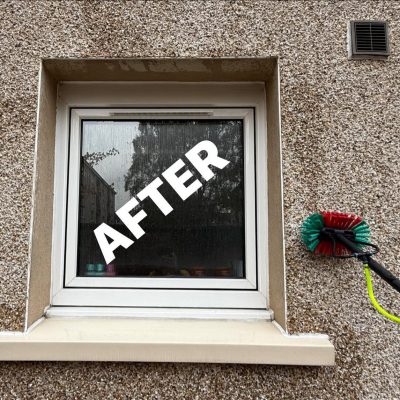 "AFTER" picture showing the completed, fully restored and refinished window, with clean frame, pristine sill, and a clear glass window.
