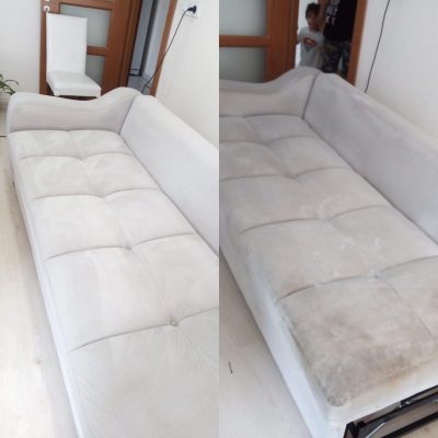 Deep cleaning and restoration of a white fabric sofa showing the process of removing heavy soiling and restoring the upholstery to its original clean condition.