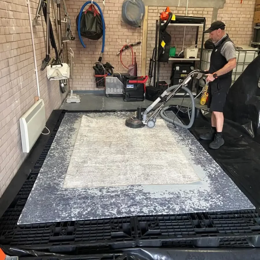 Before and after carpet cleaning results.