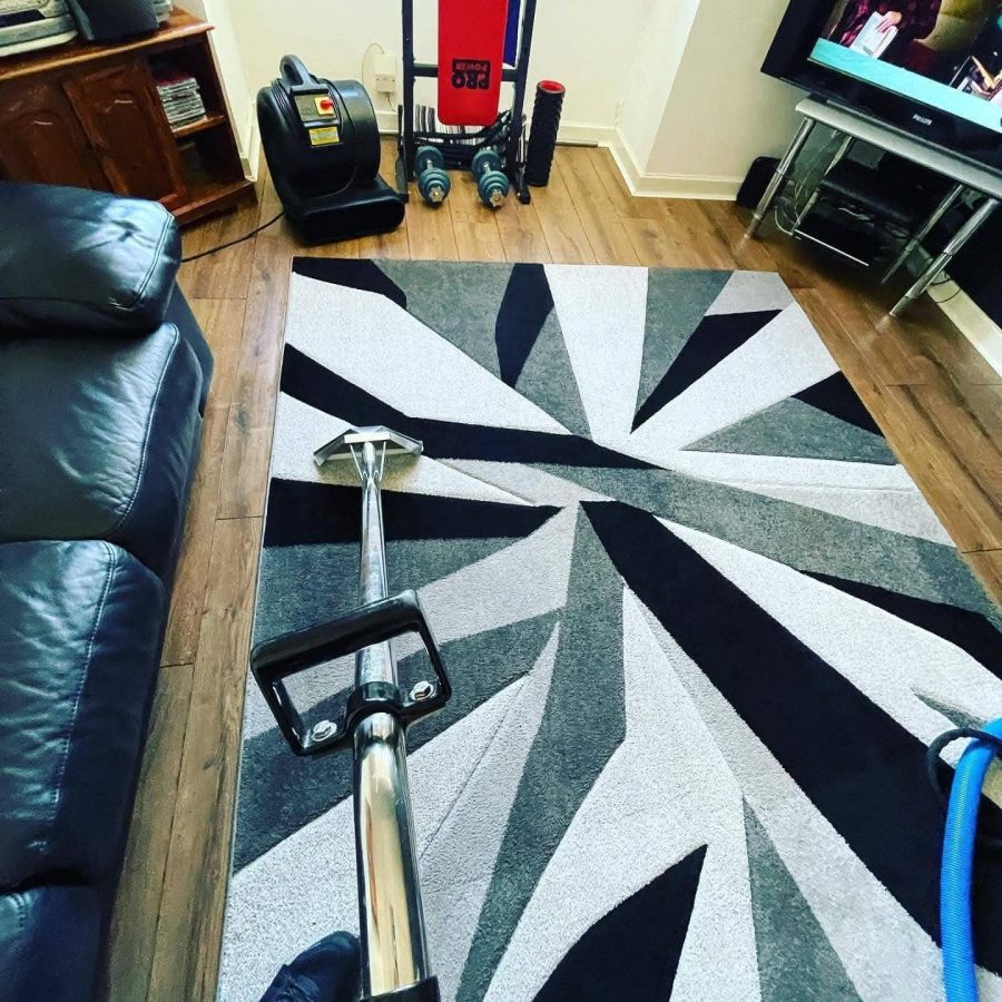 Rug cleaning process removing dust and allergens.