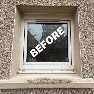 "BEFORE" picture clearly showing the heavily soiled and damaged window sill and frame for a dramatic comparison.